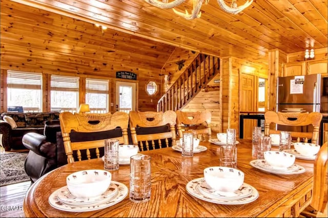 929 Smoky Ct, Gatlinburg, TN 37738 - dining room featuring stairs, wood ceiling, and wooden walls
