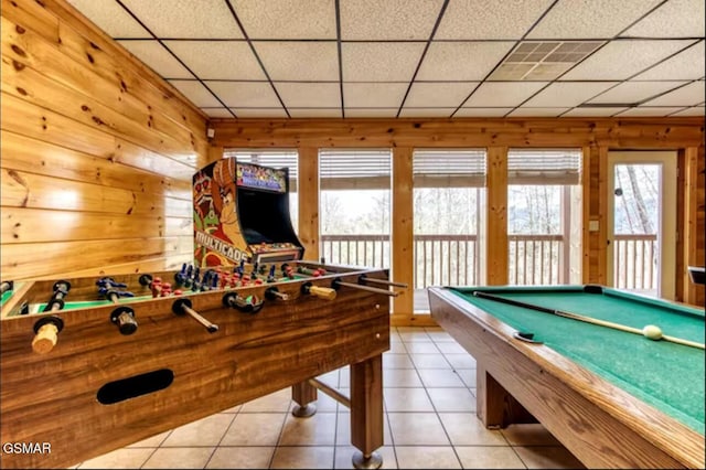 929 Smoky Ct, Gatlinburg, TN 37738 - recreation room featuring a paneled ceiling, tile patterned flooring, billiards, and wood walls
