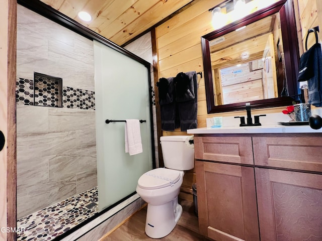 bathroom featuring walk in shower, wood ceiling, wooden walls, hardwood / wood-style flooring, and toilet