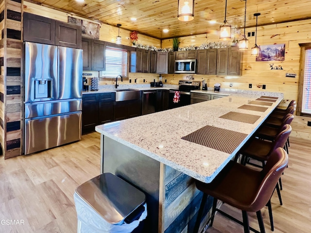 kitchen featuring wood walls, hanging light fixtures, a kitchen island, wood ceiling, and stainless steel appliances