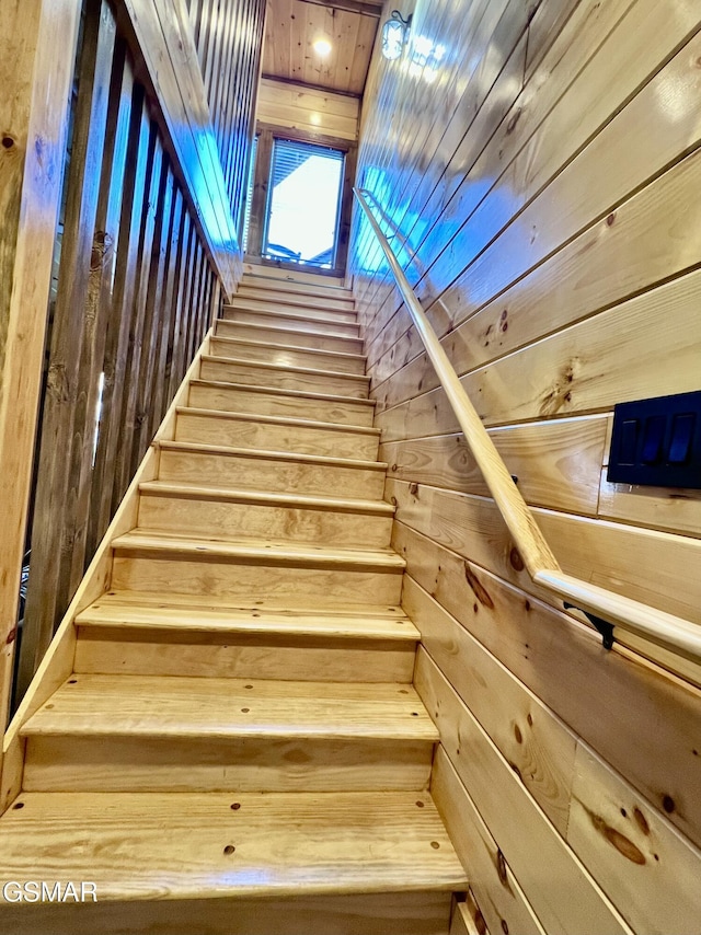 stairway with wood walls