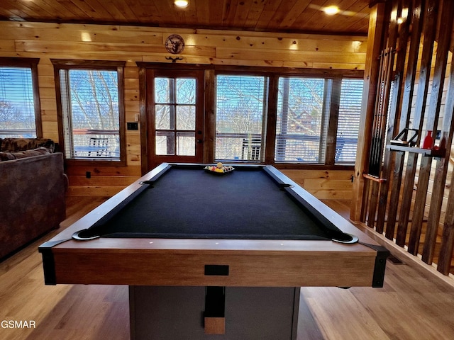 recreation room with hardwood / wood-style flooring, a wealth of natural light, wooden ceiling, and billiards