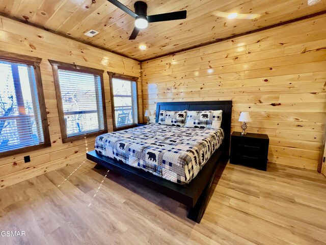 bedroom featuring wood walls, ceiling fan, light hardwood / wood-style floors, and wooden ceiling