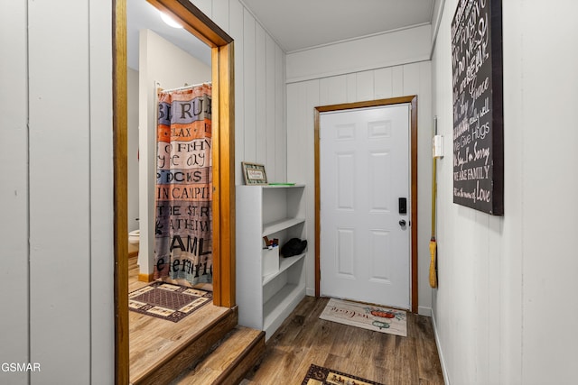 doorway to outside with wood walls and dark wood-type flooring