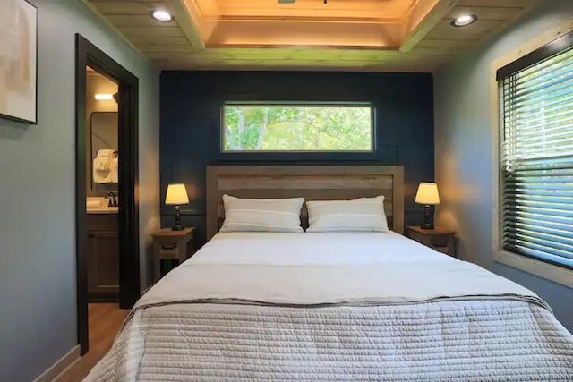 bedroom featuring hardwood / wood-style floors and a tray ceiling