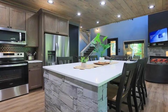 kitchen with wood ceiling, tasteful backsplash, light wood-type flooring, appliances with stainless steel finishes, and a kitchen island