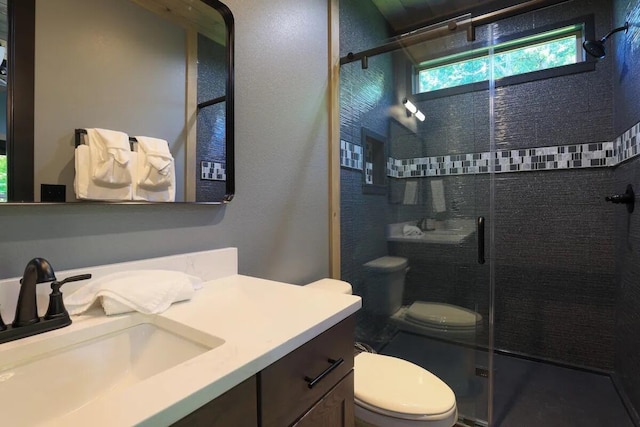 bathroom with vanity, an enclosed shower, and toilet