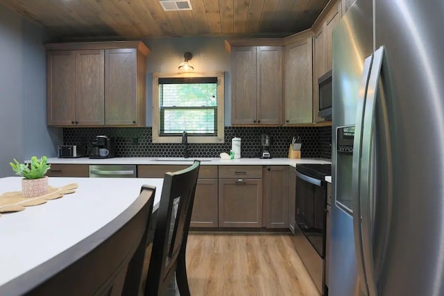 kitchen featuring sink, light hardwood / wood-style flooring, wooden ceiling, appliances with stainless steel finishes, and backsplash