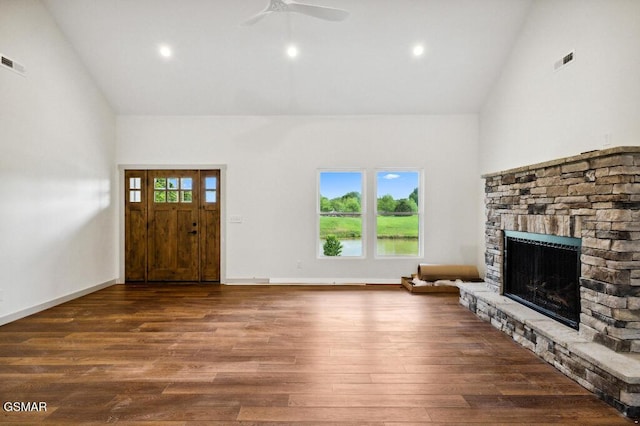 1902 Kaylee Dr, Jefferson City, TN 37760 - entryway featuring high vaulted ceiling, ceiling fan, wood finished floors, a stone fireplace, and recessed lighting