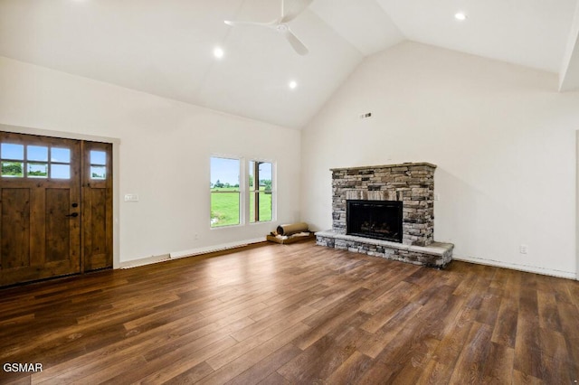 1902 Kaylee Dr, Jefferson City, TN 37760 - unfurnished living room featuring a ceiling fan, wood finished floors, high vaulted ceiling, healthy amount of natural light, and a fireplace