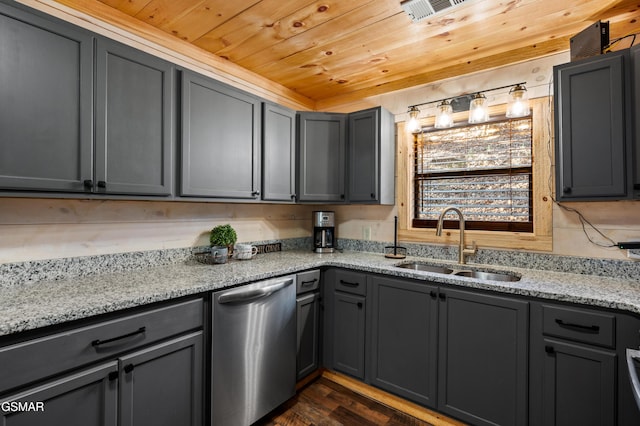 519 Mcmahan Rd, Pigeon Forge, TN 37863 - kitchen featuring stainless steel dishwasher, wooden ceiling, gray cabinets, dark wood-style floors, and light stone countertops