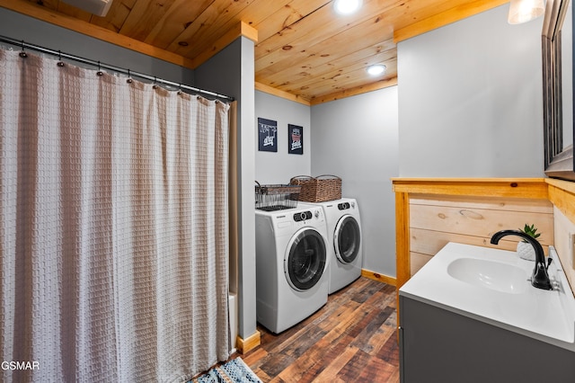 519 Mcmahan Rd, Pigeon Forge, TN 37863 - laundry room with independent washer and dryer, wood ceiling, dark wood-style floors, and recessed lighting