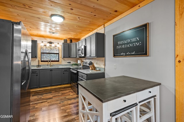 519 Mcmahan Rd, Pigeon Forge, TN 37863 - kitchen with appliances with stainless steel finishes, wood ceiling, dark wood-style flooring, and gray cabinets