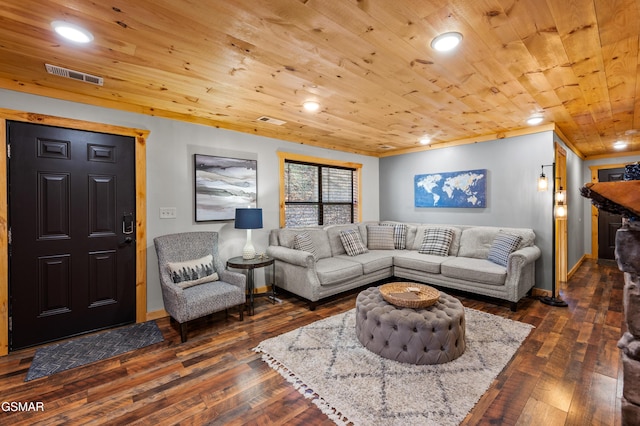 519 Mcmahan Rd, Pigeon Forge, TN 37863 - living room with dark wood-style floors, wooden ceiling, crown molding, and recessed lighting