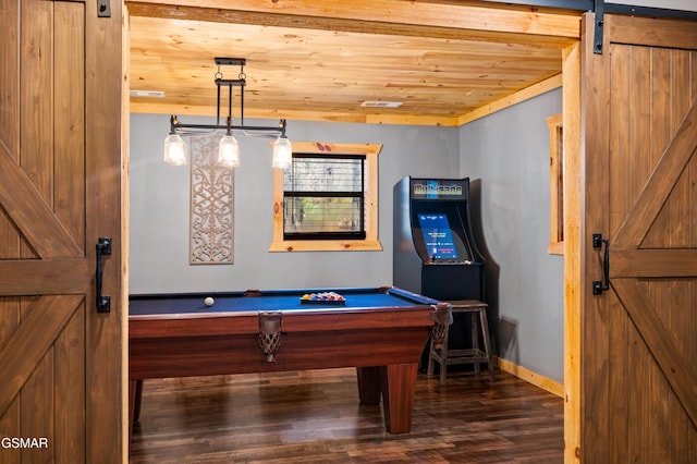519 Mcmahan Rd, Pigeon Forge, TN 37863 - recreation room with a barn door, wood finished floors, billiards, and wooden ceiling