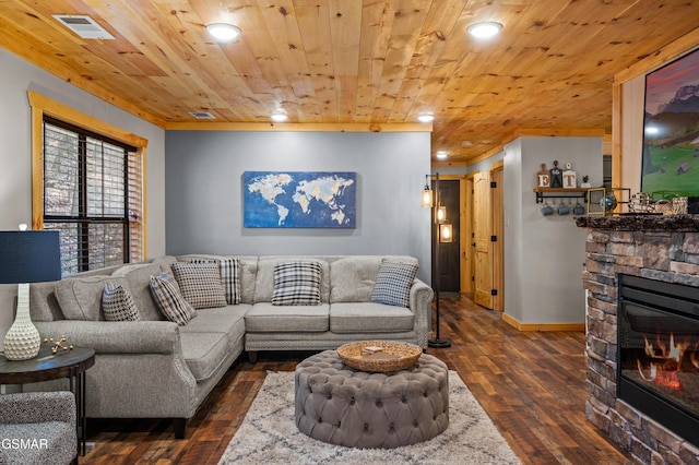519 Mcmahan Rd, Pigeon Forge, TN 37863 - living room with dark wood finished floors, a fireplace, wood ceiling, and recessed lighting
