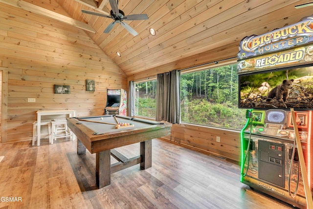 recreation room featuring wood ceiling, wooden walls, lofted ceiling, pool table, and wood finished floors