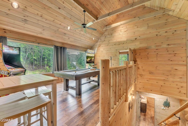 playroom with wooden ceiling, wooden walls, ceiling fan, wood finished floors, and billiards