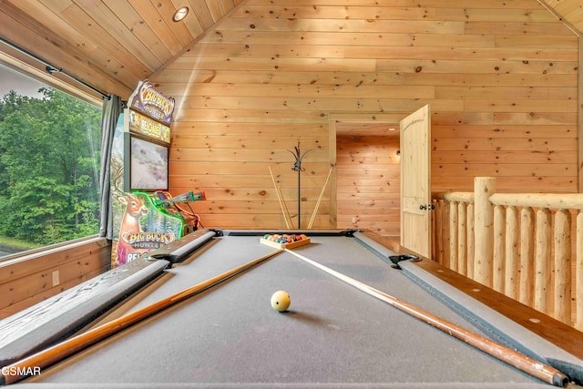recreation room with wooden ceiling, wooden walls, vaulted ceiling, and billiards table