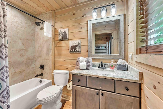 full bathroom with toilet, shower / bathtub combination with curtain, vanity, wood walls, and wood ceiling