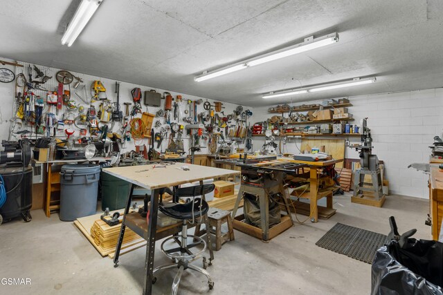 1878 Omaha Rd, Del Rio, TN 37727 - garage featuring a workshop area and concrete block wall