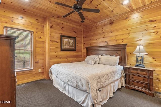 746 Park Vista Way, Gatlinburg, TN 37738 - bedroom featuring ceiling fan, dark carpet, and wooden ceiling