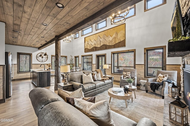 living room featuring wood walls, sink, a chandelier, wooden ceiling, and light hardwood / wood-style flooring