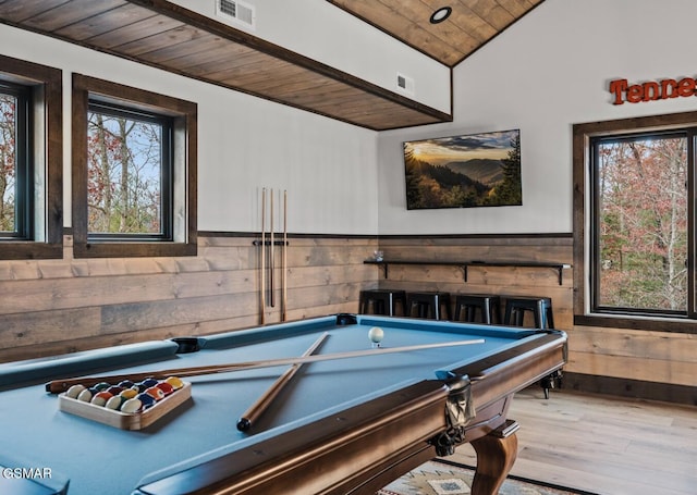 recreation room featuring wood-type flooring, lofted ceiling, wooden ceiling, and billiards