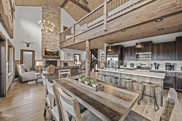 dining room featuring sink, high vaulted ceiling, wooden ceiling, light wood-type flooring, and a fireplace