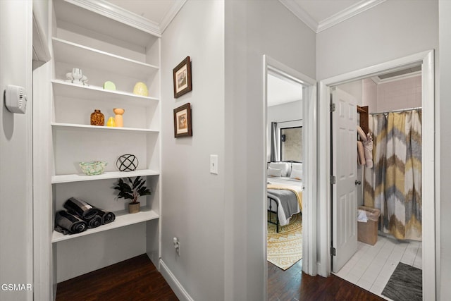 hall featuring dark hardwood / wood-style flooring and ornamental molding