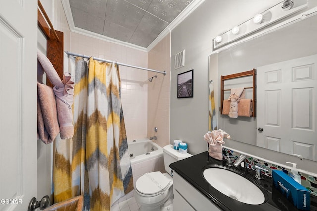 full bathroom with toilet, shower / tub combo with curtain, vanity, and ornamental molding