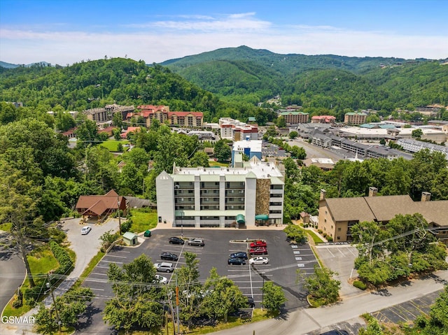 drone / aerial view featuring a mountain view