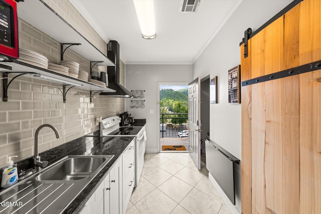 kitchen featuring decorative backsplash, ornamental molding, white electric range oven, sink, and light tile patterned floors