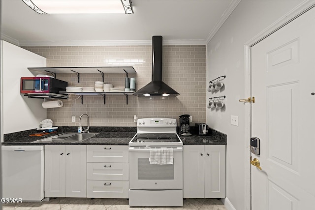 kitchen featuring white cabinetry, sink, wall chimney range hood, tasteful backsplash, and white appliances