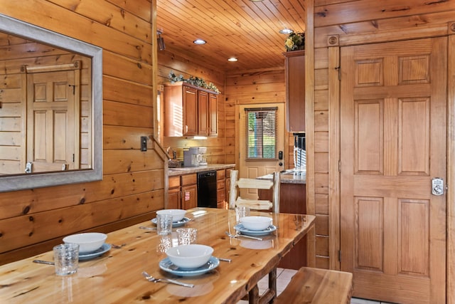dining space with wood ceiling, wooden walls, and recessed lighting