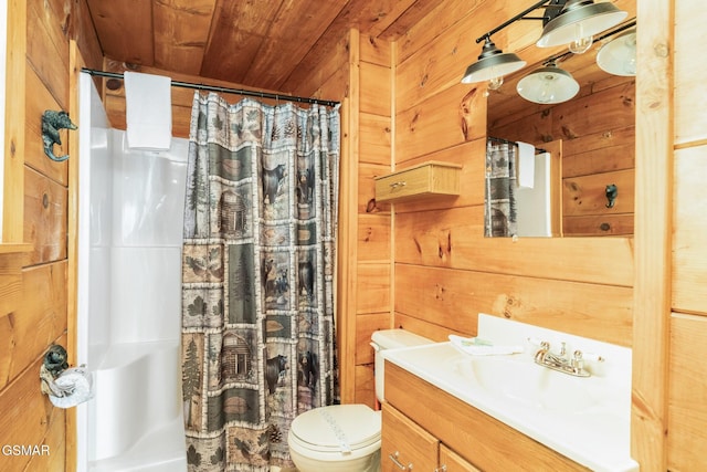 bathroom featuring walk in shower, wood walls, toilet, vanity, and wood ceiling