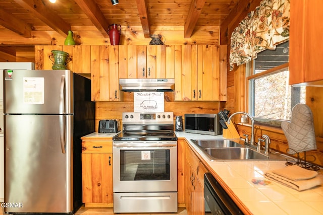 kitchen with appliances with stainless steel finishes, sink, beam ceiling, wooden ceiling, and wood walls