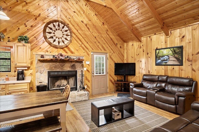 4164 Lumber Jack Way, Sevierville, TN 37876 - living room featuring wood walls, wood finished floors, a fireplace, wooden ceiling with exposed beams, and high vaulted ceiling