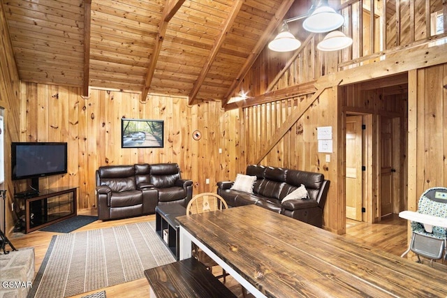 4164 Lumber Jack Way, Sevierville, TN 37876 - living area with wooden ceiling with exposed beams, wood finished floors, high vaulted ceiling, wood walls, and stairs