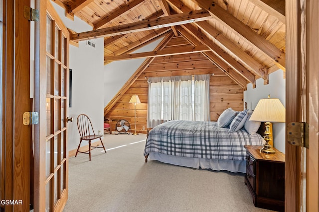 bedroom featuring wood ceiling, vaulted ceiling with beams, wooden walls, and carpet