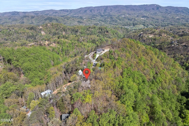 bird's eye view featuring a forest view and a mountain view