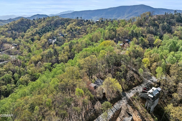 birds eye view of property with a view of trees and a mountain view