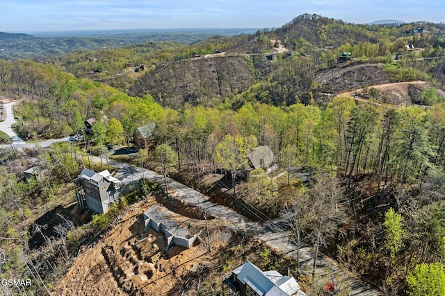 birds eye view of property featuring a forest view and a mountain view