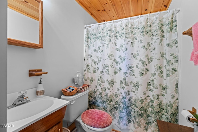 full bath featuring curtained shower, vanity, toilet, and wooden ceiling
