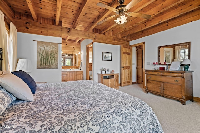 bedroom with wood ceiling, light carpet, beam ceiling, and baseboards