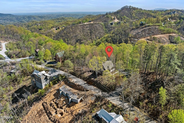 bird's eye view with a wooded view and a mountain view
