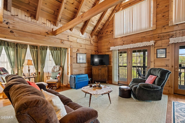 living room featuring beam ceiling, wood finished floors, wood ceiling, wooden walls, and high vaulted ceiling