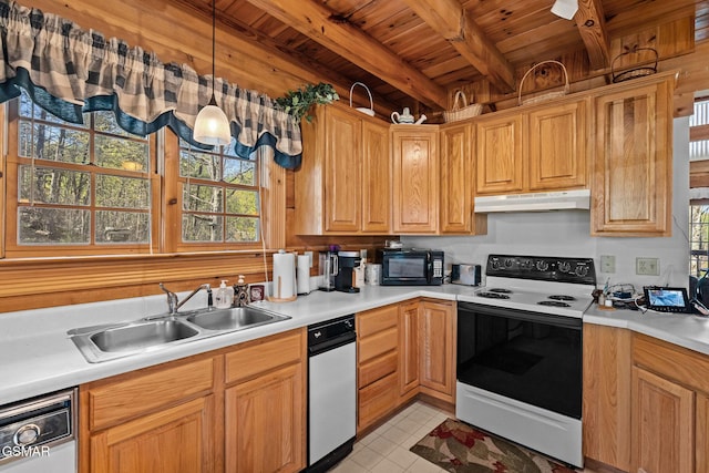 kitchen with a sink, wood ceiling, dishwasher, under cabinet range hood, and white range with electric cooktop