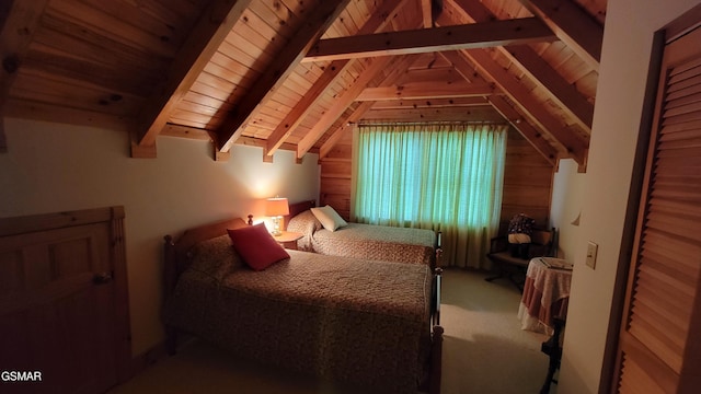 bedroom featuring lofted ceiling with beams, wood ceiling, and carpet flooring