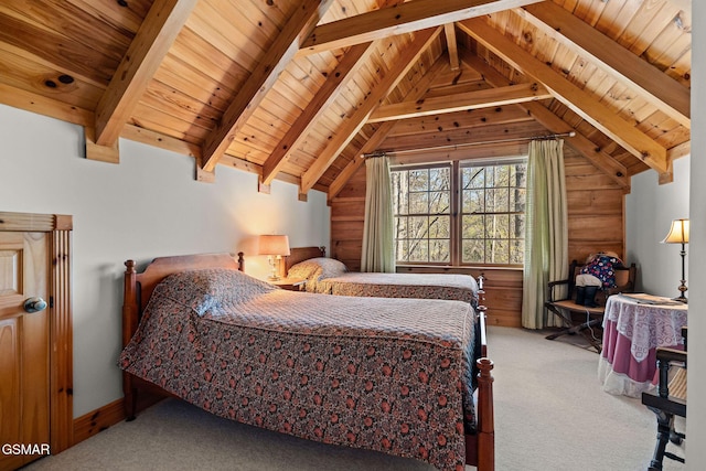 carpeted bedroom featuring wood ceiling and vaulted ceiling with beams